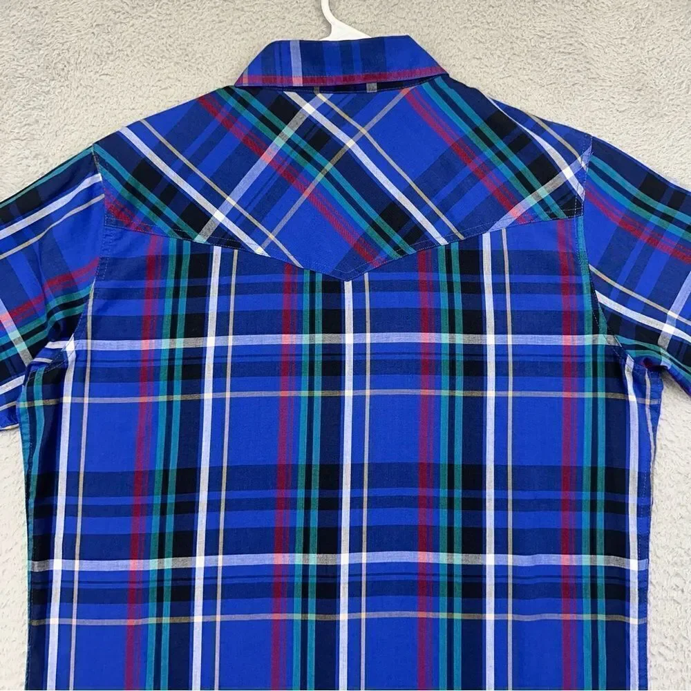 High Noon Pearl Snap Shirt‎ Mens Medium Blue Plaid Western Cowboy Farmer Ranch